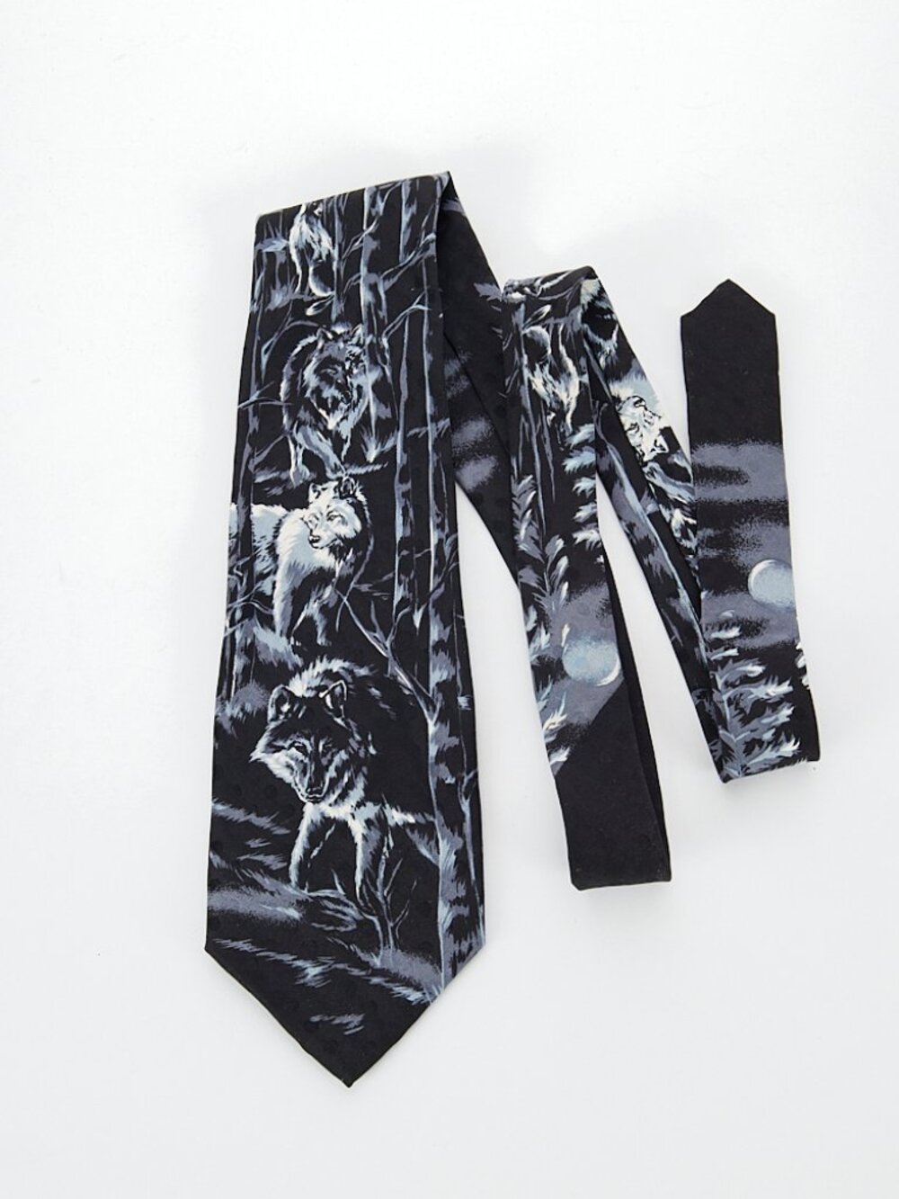 Addiction Wolves Wolf Howling Moon Forest Black Gray 100% Silk Men's Neck Tie